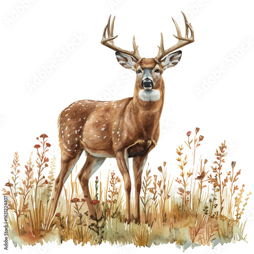 White-tailed Deer, watercolor vector, isolated on a white background.