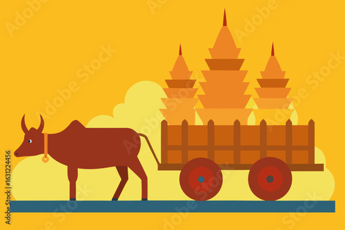 bullock cart near golden grain stacks at harvest rural life