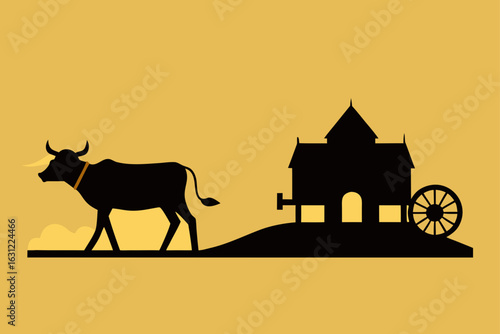 bullock cart passing through narrow village road dusty path