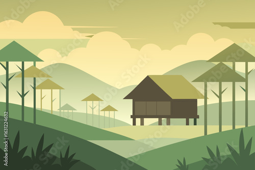 early morning mist over bamboo houses and fields soft haze