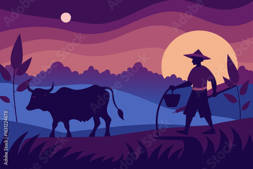 farmer returning from field with oxen at twilight peaceful dusk