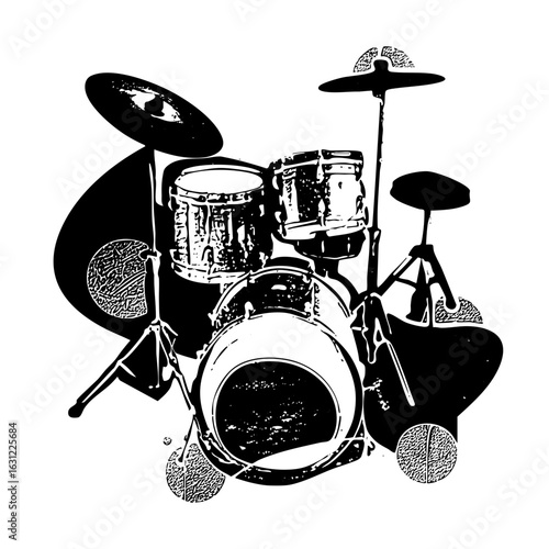 Vector Black and white vector of a complete drum kit.