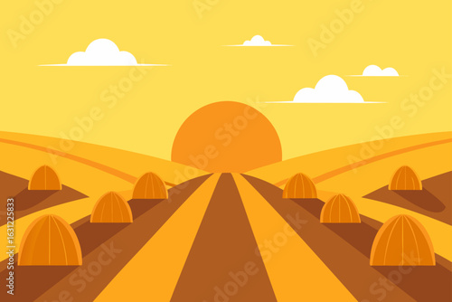 rows of haystacks under golden afternoon sun warm tones