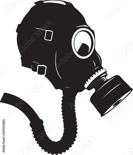 A silhouette of a gas mask with a hose attached
