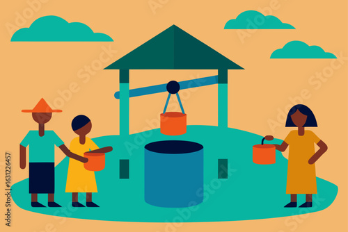 village well with buckets and people gathering water daily life