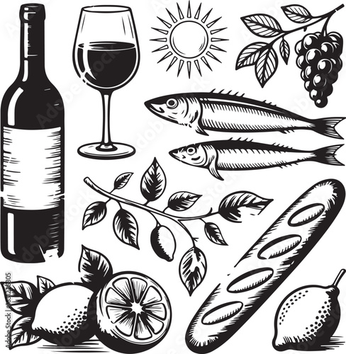 Mediterranean Cuisine & Culture Grunge Vectors – Sun, Wine, Anchovies, Vines, and Halftone Charm