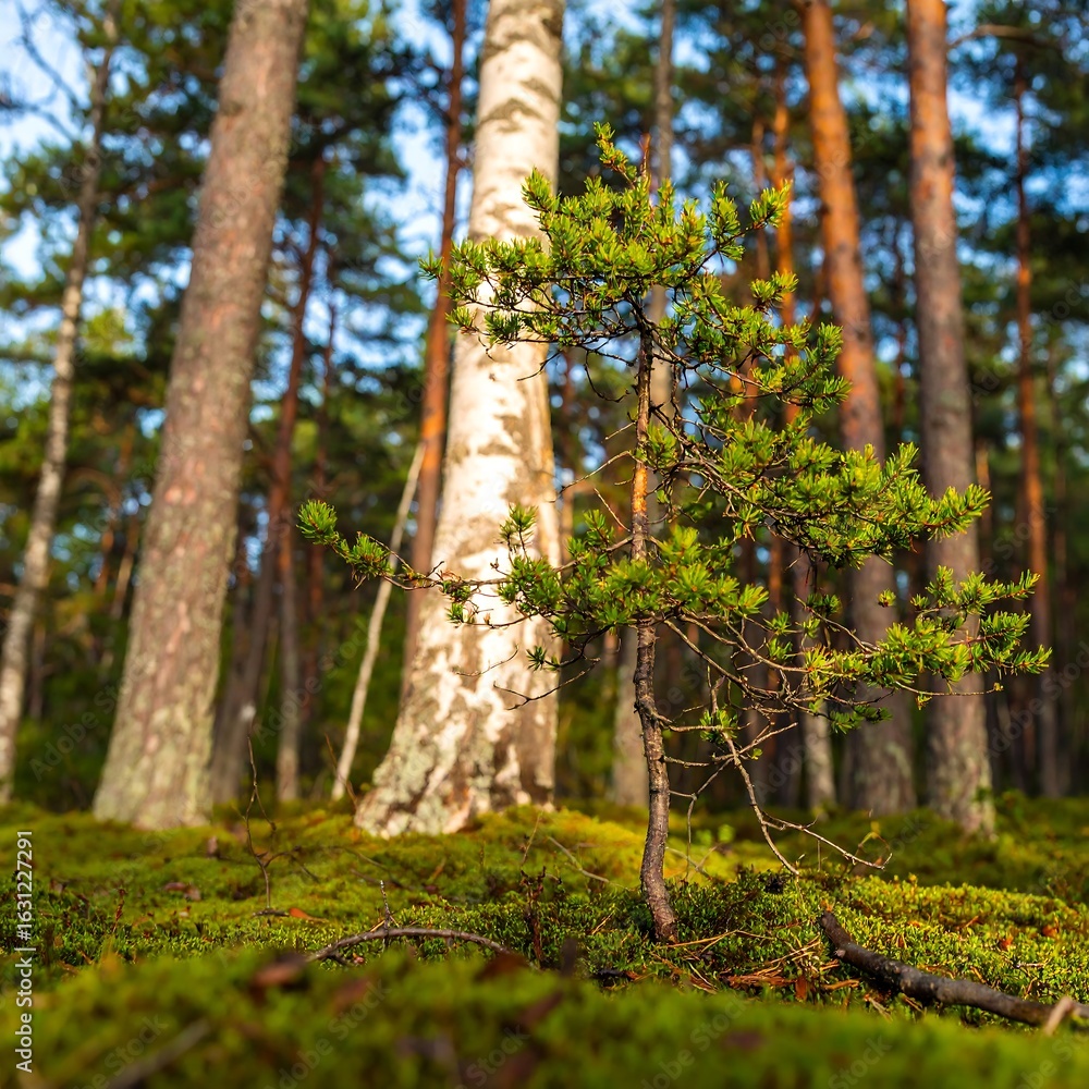 Fototapeta premium Forest scene with small tree and moss
