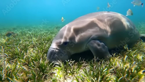 Manatee feeding in underwater seagrass bed