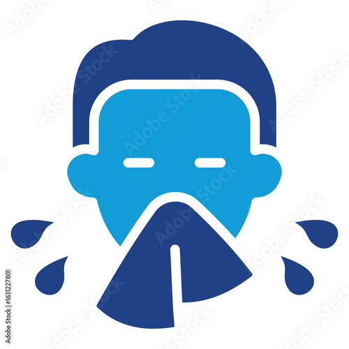 Sneezing Glyph Blue Silhouette Icon Design Vector - Person sneezing with droplets, indicating allergy, flu symptoms, or viral transmission