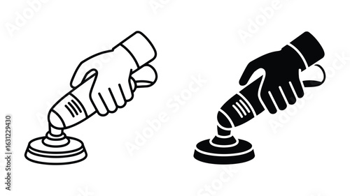 Gloved Hand Holding Small Electric Polisher, Line Art and Solid Icon Set, Cleaning and Maintenance, Professional Tool, Simple Design, Vector Illustration.