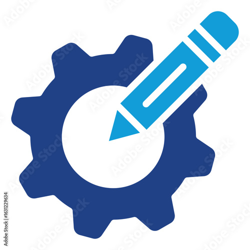 Customize Settings Glyph Blue Silhouette Icon Vector Design - Gear with pencil inside, symbolizing customization, setting adjustments, or editing system