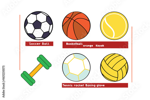 Assortment of Sports Equipment and Balls on White Background Keywords: soccer ball, basketball, tennis ball