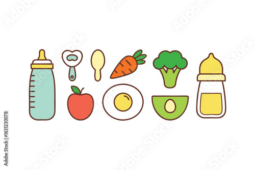 Baby food and feeding items collection with apple carrot broccoli egg and bottles