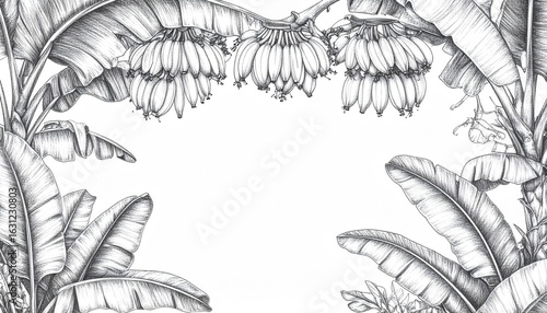 Monochrome Banana Tree Foliage Decorative Border with Detailed Leaf Pattern and Textured Elements