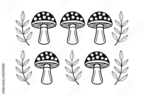 Whimsical Pattern of Stylized Mushrooms and Leaves fungi toadstool