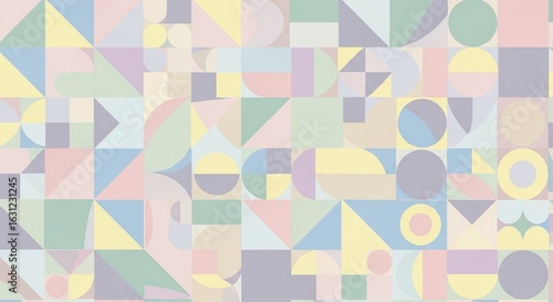 Wallpaper Mural Modern abstract seamless pattern showcasing a cheerful array of soft pastel geometric shapes like circles, squares, and triangles, perfect for backgrounds. Torontodigital.ca