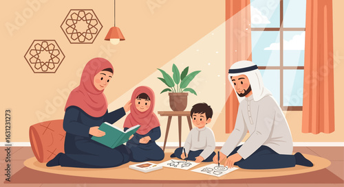 Adobe illustrator artwork vector illustration of a warm Arab family moment at home. Father reads to son, while mother and daughter draw. Islamic family values, learning, and togetherness