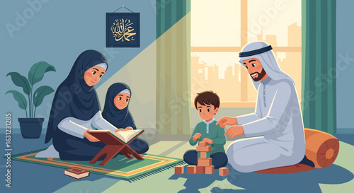 Adobe illustrator artwork vector illustration of a warm Arab family moment at home. Father reads to son, while mother and daughter draw. Islamic family values, learning, and togetherness