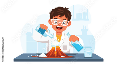 Adobe Illustrator artwork vector illustration of a science experiment with erupting model volcano in lab setting, showing chemical reaction with blue liquids and foamy explosion.