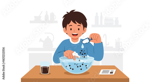 Adobe Illustrator artwork vector illustration of a child conducting a science experiment with soap and black beans in a kitchen, exploring reactions and hygiene in a playful learning setting