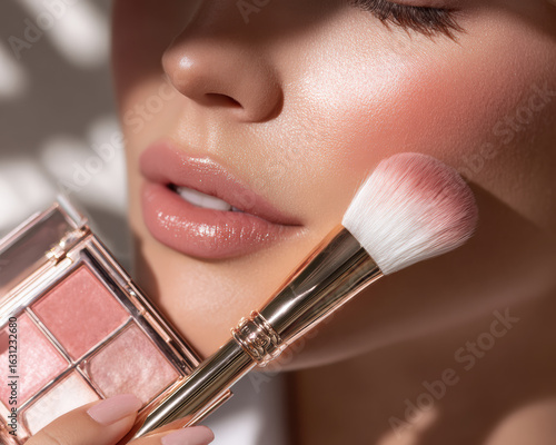 Beautiful lifestyle image of hand elegantly holding makeup brush near palette, showcasing flawless complexion and soft blush tones, evoking sense of beauty and elegance