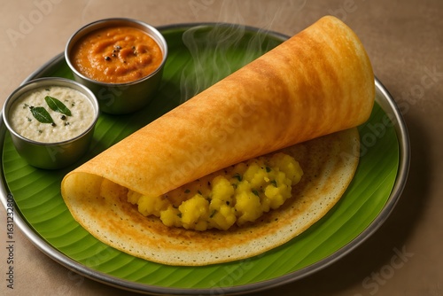 Masala Dosa with Sambar and Coconut Chutney