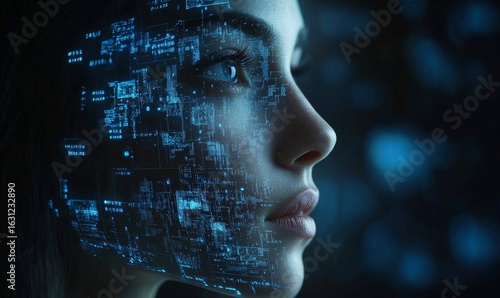 AI cyber security concept. Female IT computer specialist analyzing artificial intelligence digital threats to consumer data and privacy breaches. The image portrays the role, Generative AI