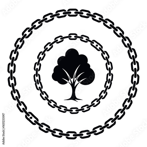 A green tree encircled by a chain, symbolizing restriction of nature, environmental control, or protection.