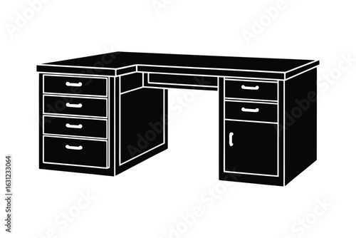 Silhouette design illustration of an L-shaped office desk with drawers and filing cabinet.eps