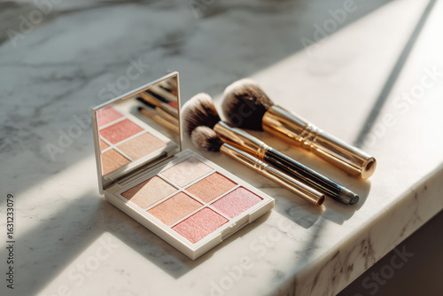 Realistic cosmetic collection featuring blush palette with various shades, makeup brushes, and reflective surface, creating serene and elegant atmosphere