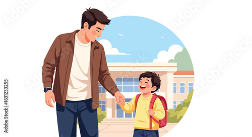 Adobe Illustrator artwork vector illustration of a father holding hands with his happy son in front of a school building, symbolizing education, care, and family bonding in flat cartoon style