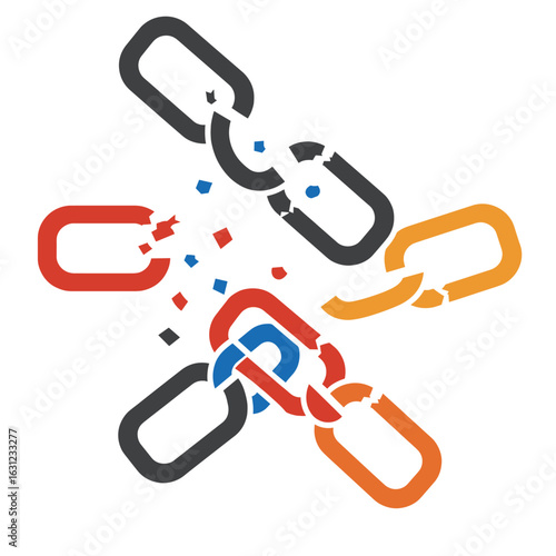 A chain with several colored links breaking apart, symbolizing freedom, separation, or system failure.