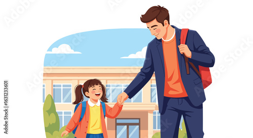 Adobe Illustrator artwork vector illustration of a father holding hands with his happy daughter in front of a school building, symbolizing education, care, and family bonding in flat cartoon style