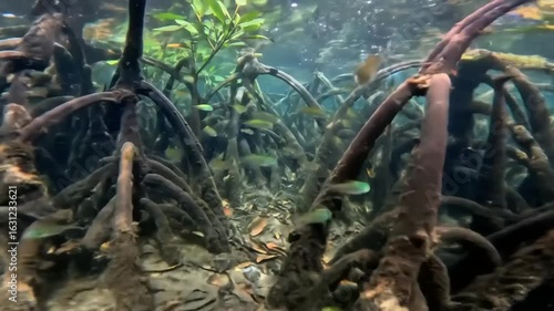Underwater mangrove roots, teeming with fish