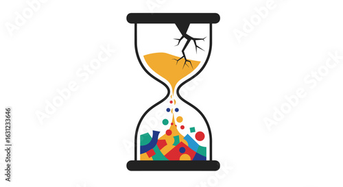 An hourglass with a crack at the top, where sand and various colorful shapes fall, symbolizing time running out and change.