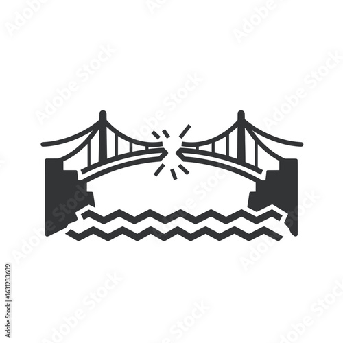 A bridge with a crack in the middle over a body of water, symbolizing disconnection, failure, or collapse.