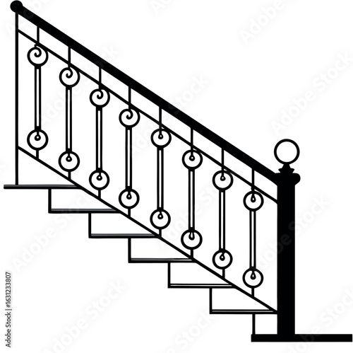 luxury wrought iron indoor staircase railing, polished wood handrai, warm interior lighting