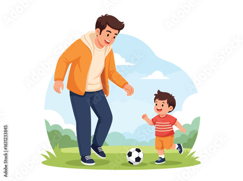 Adobe Illustrator artwork vector illustration of a father and his son playing soccer on a grassy field, highlighting outdoor activity, family bonding, and healthy lifestyle in flat cartoon style