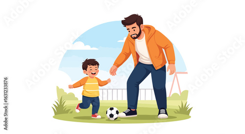 Adobe Illustrator artwork vector illustration of a father and his son playing soccer on a grassy field, highlighting outdoor activity, family bonding, and healthy lifestyle in flat cartoon style