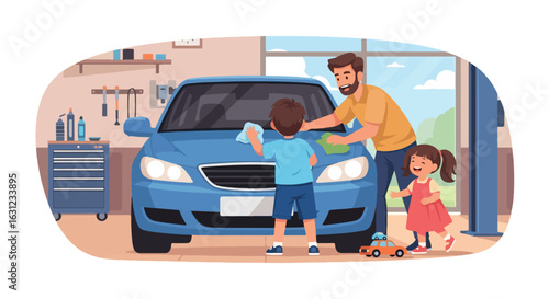 Adobe Illustrator artwork vector illustration of a person and children cleaning a blue car in a garage, showing family bonding, teamwork, and playtime in a clean flat cartoon style