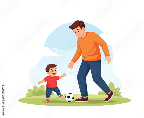 Adobe Illustrator artwork vector illustration of a father and his son playing soccer on a grassy field, highlighting outdoor activity, family bonding, and healthy lifestyle in flat cartoon style