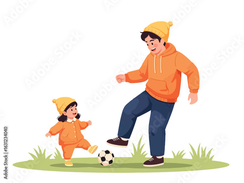 Adobe Illustrator artwork vector illustration of a father and his daughter playing soccer on a grassy field, highlighting outdoor activity, family bonding, and healthy lifestyle in flat cartoon style