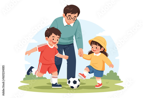Adobe Illustrator artwork vector illustration of a father and his two child playing  soccer ball, capturing outdoor play, family bonding and active lifestyle in clean flat cartoon style