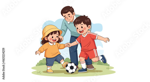 Adobe Illustrator artwork vector illustration of father and his two child playing soccer on a grassy field, highlighting outdoor activity, family bonding, and healthy lifestyle in flat cartoon style
