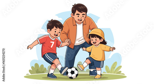 Adobe Illustrator artwork vector illustration of father and his two child playing soccer on a grassy field, highlighting outdoor activity, family bonding, and healthy lifestyle in flat cartoon style