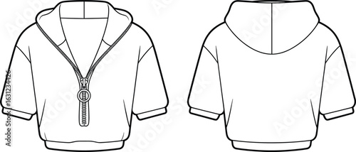 Flat sketch of half sleeve zipper hoodie front and back view, fashion technical drawing, casual streetwear design, apparel vector template for clothing mockup

Art & Illustration