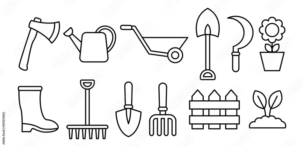 Obraz premium Line Art Gardening Icon Set Tools, Plants, and Equipment, Farming, Agriculture, Harvest, Symbol Vector Design Illustration 