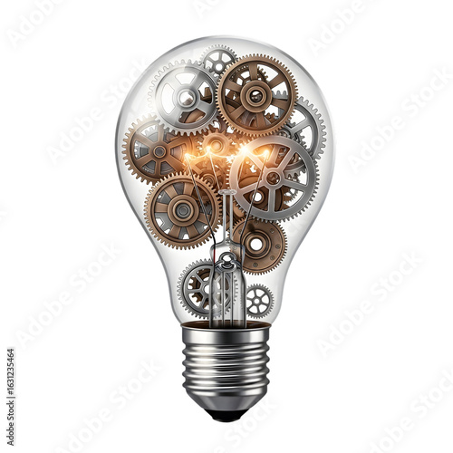 Brilliant idea concept gears turning inside a glowing lightbulb symbolizing innovation and creativity