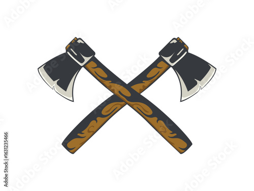 Dual axes icon, cartoon axe with wooden handle, outdoor elements carpentry