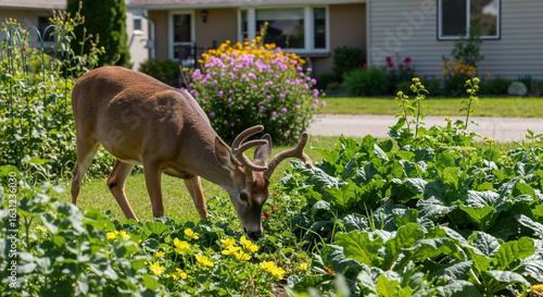 Deer grazing in residential garden with flowers and vegetables. Wildlife foraging behavior in suburban neighborhoods for coexistence awareness campaigns